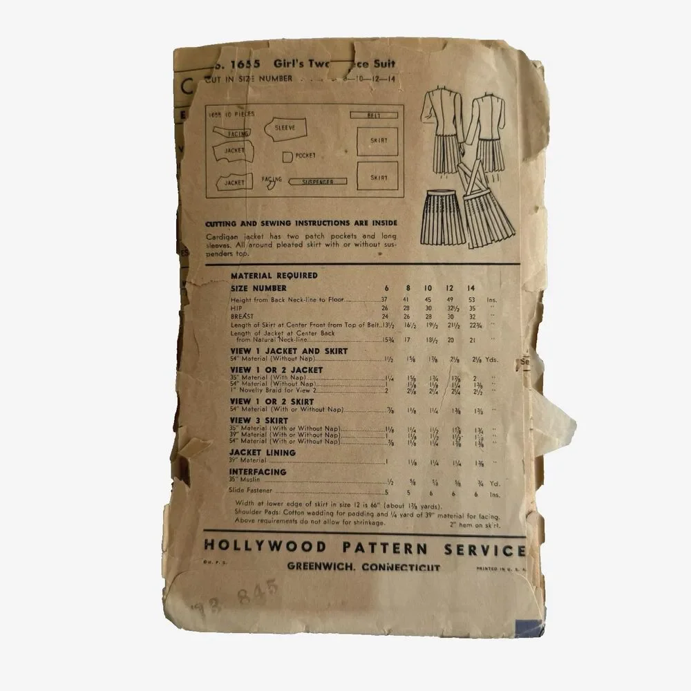 Antique 1940s Sewing Pattern Hollywood 1655 Girls 2 Piece Suit Size 10 UNMARKED